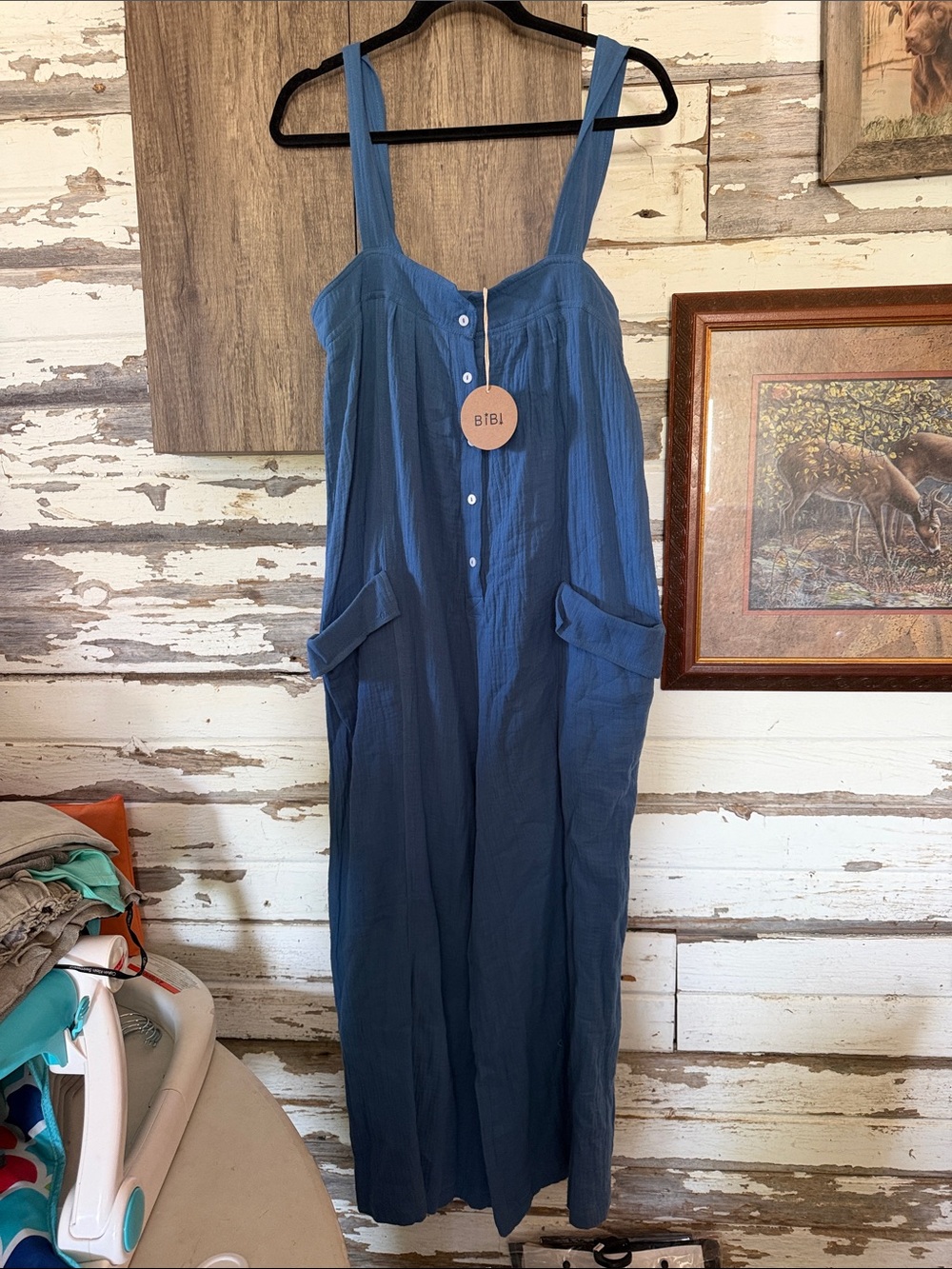 BiBi Blue Button-Front Wide-Leg Jumpsuit